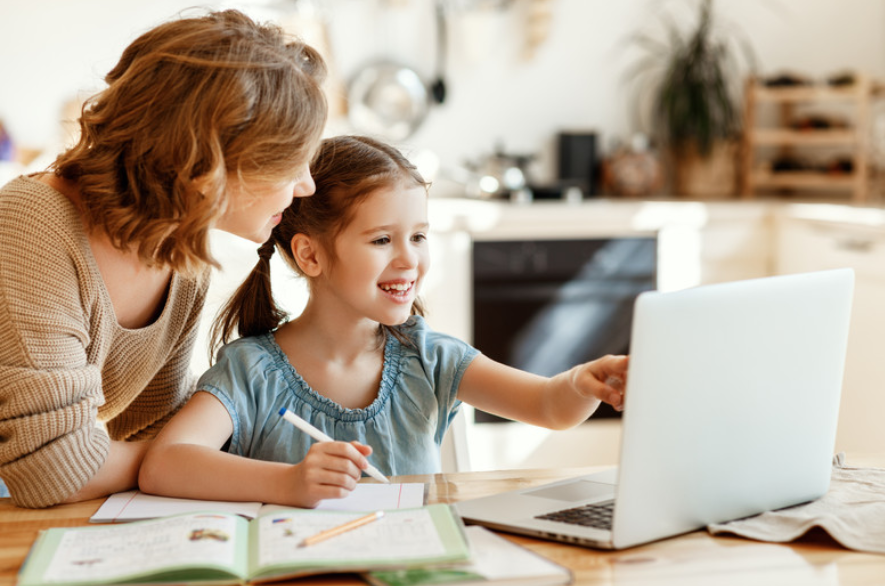 mother and child thinking while studying