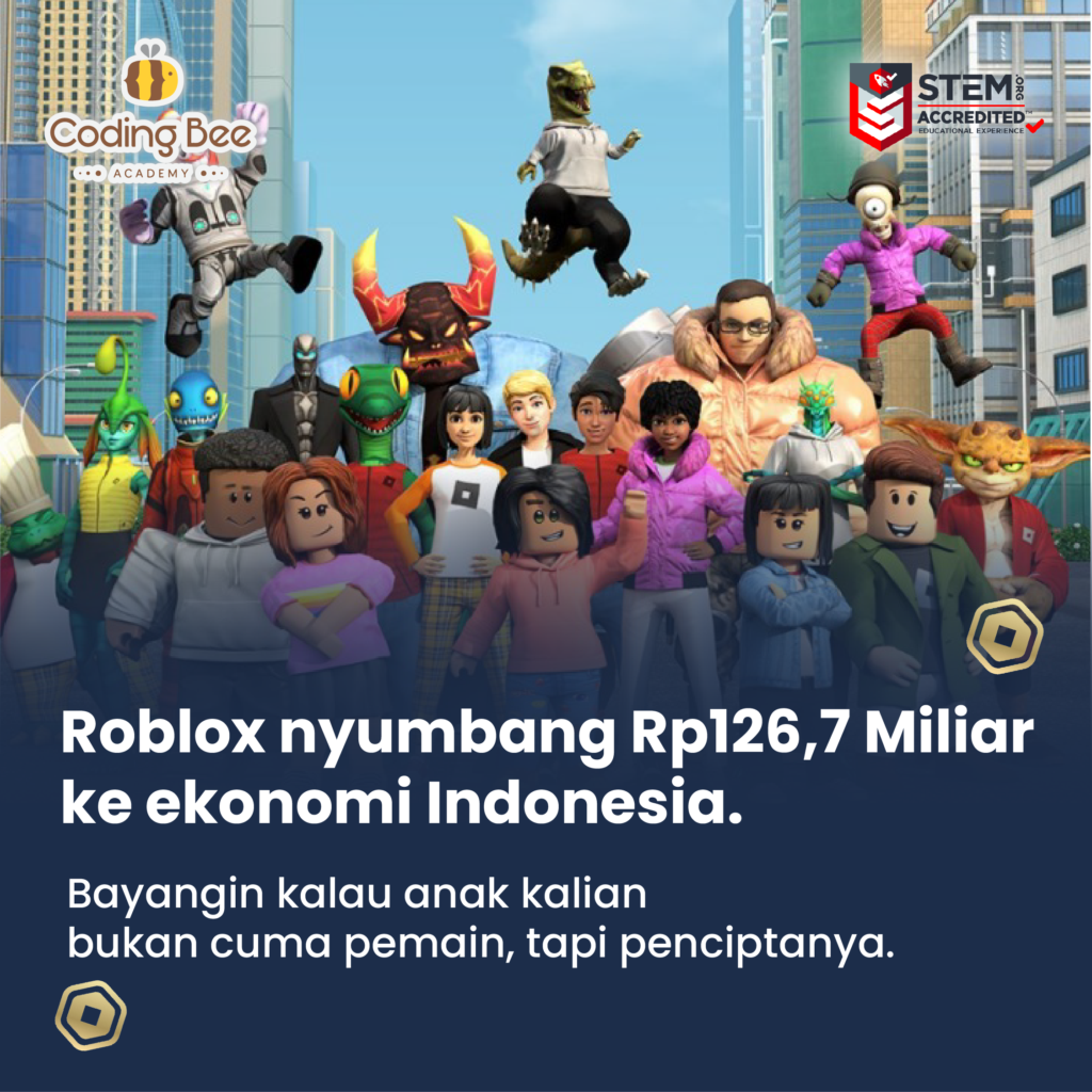 Poster Roblox Coding Bee Academy tentang kontribusi Rp126,7 miliar ke ekonomi Indonesia, mengajak anak-anak menjadi kreator digital, bukan sekadar pemain game.