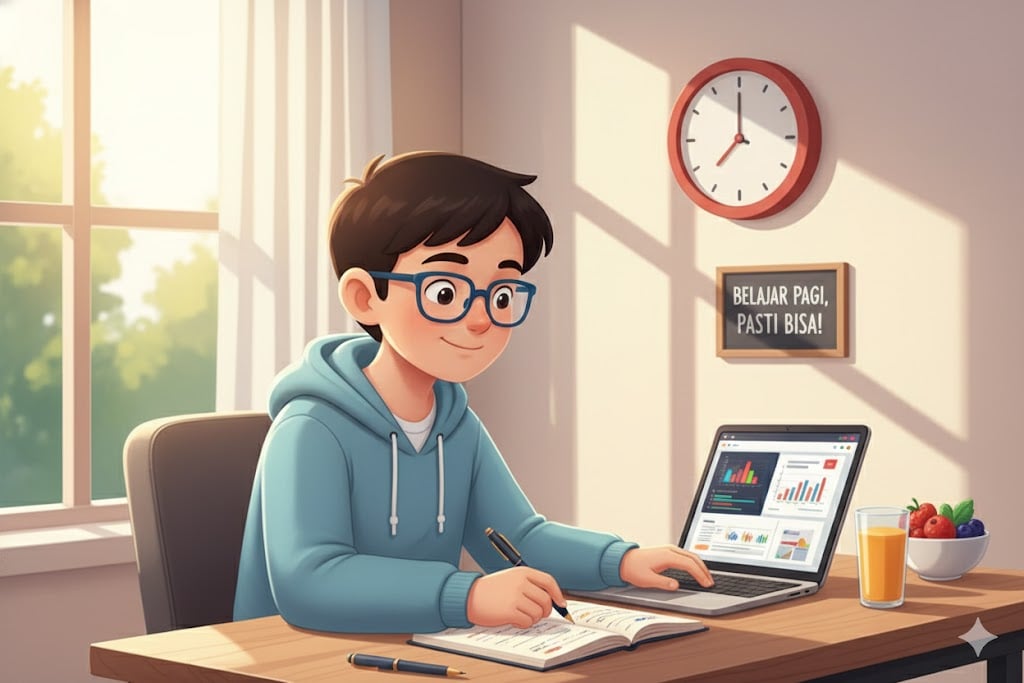 Ilustrasi manfaat belajar di pagi hari bagi anak yang fokus belajar coding di depan laptop